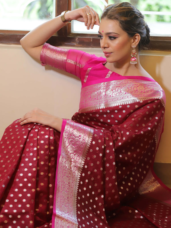 Banarasee Semi-Chiffon Saree With Silver Zari Design-Maroon & Pink