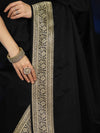 Banarasee Handloom Plain Semi Katan Saree With Gold Zari Border-Black