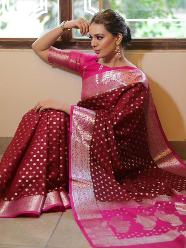 Banarasee Semi-Chiffon Saree With Silver Zari Design-Maroon & Pink