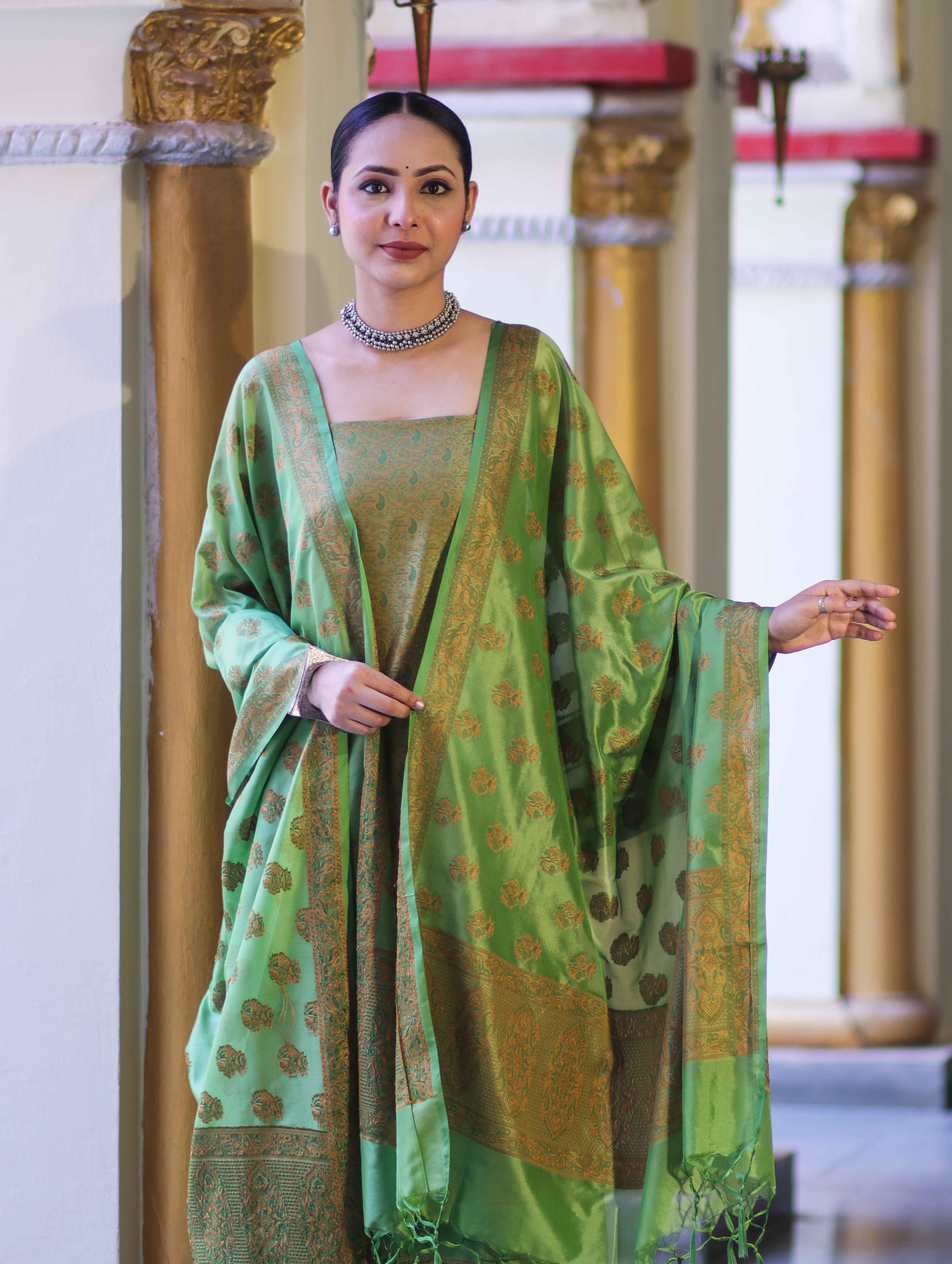 Banarasee Semi Katan Jamewar Weaving Salwar Kameez Fabric With Dupatta Set-Light Green