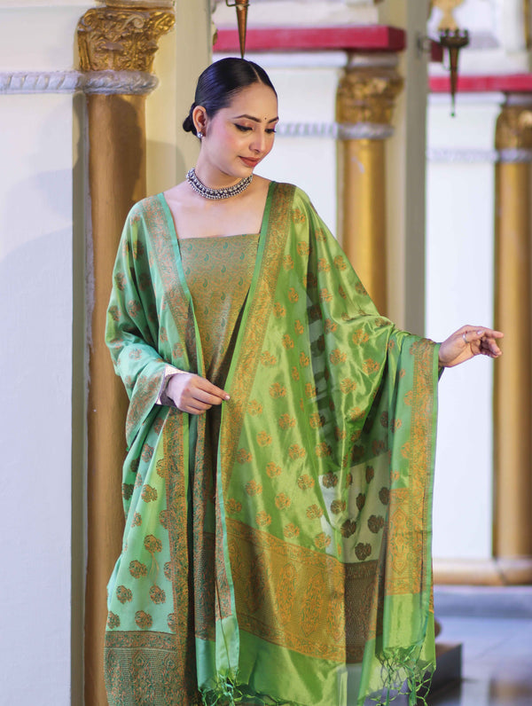Banarasee Semi Katan Jamewar Weaving Salwar Kameez Fabric With Dupatta Set-Light Green