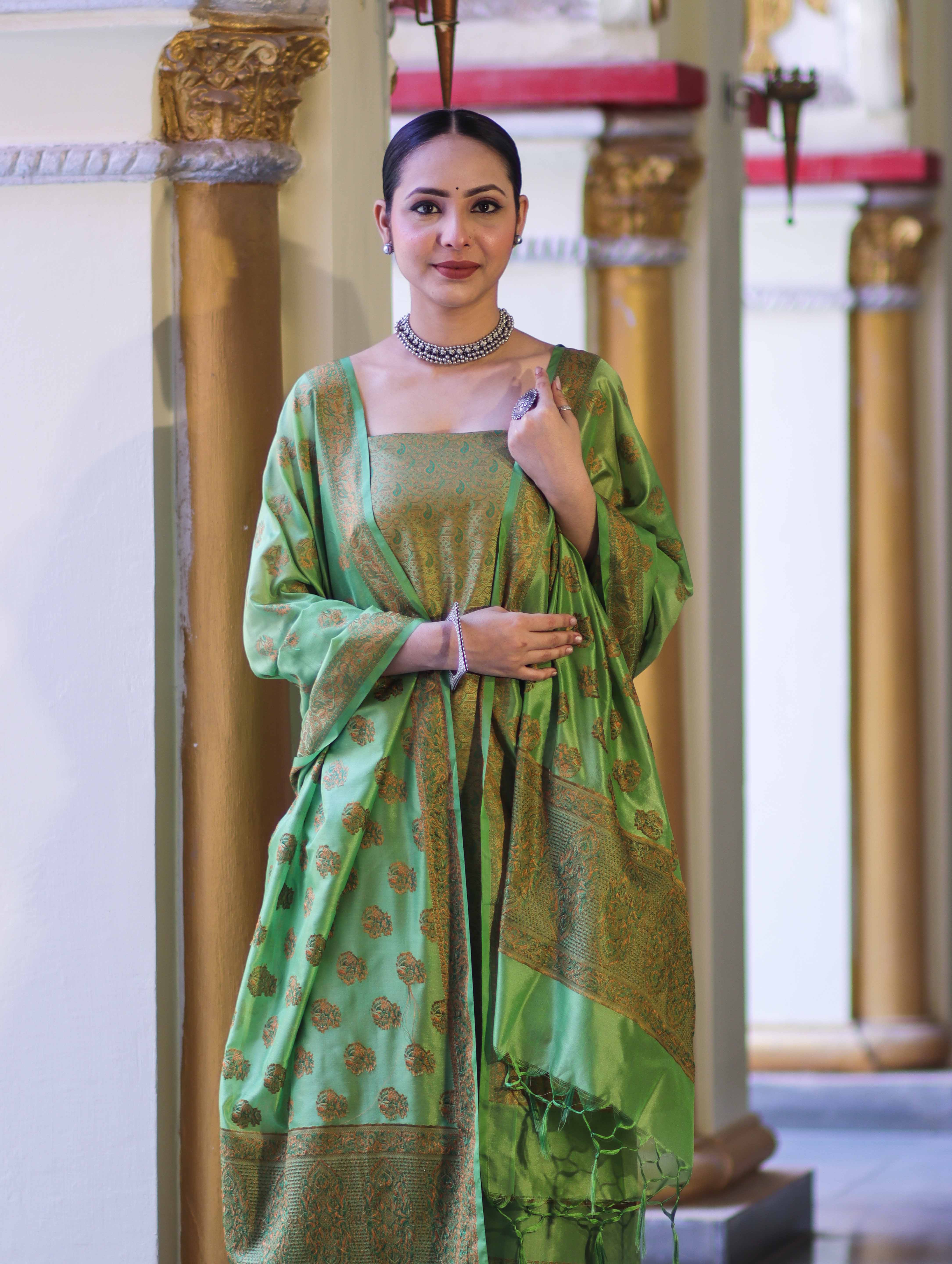 Banarasee Semi Katan Jamewar Weaving Salwar Kameez Fabric With Dupatta Set-Light Green