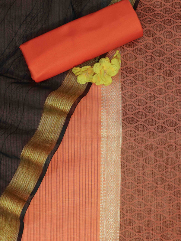 Banarasee Chanderi Cotton Silk Salwar Kameez Fabric With Cotton Silk Dupatta-Coral & Black