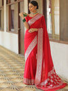 Banarasee Handwoven Faux Georgette Saree With Silver Zari Design-Red