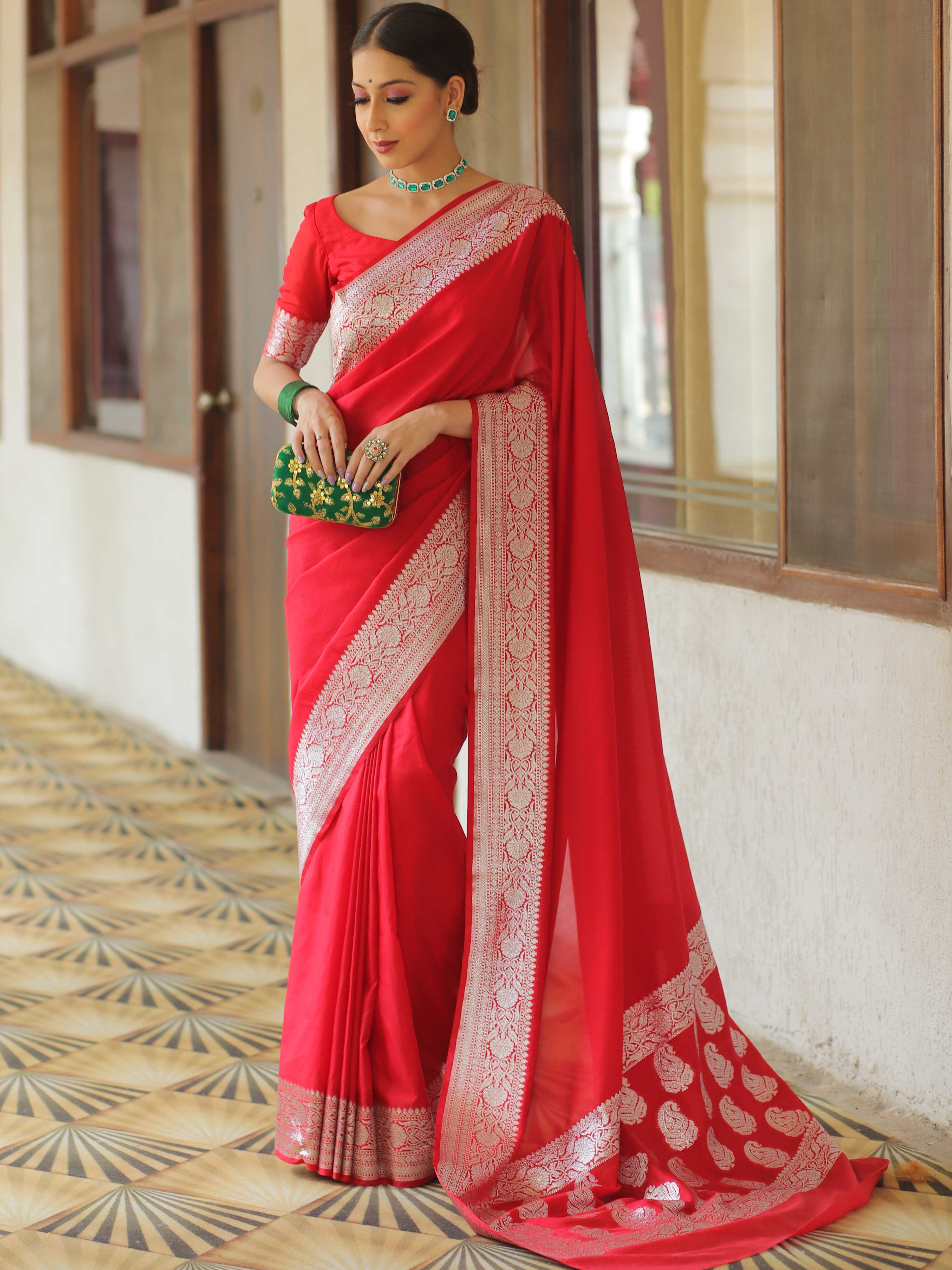 Banarasee Handwoven Faux Georgette Saree With Silver Zari Design-Red
