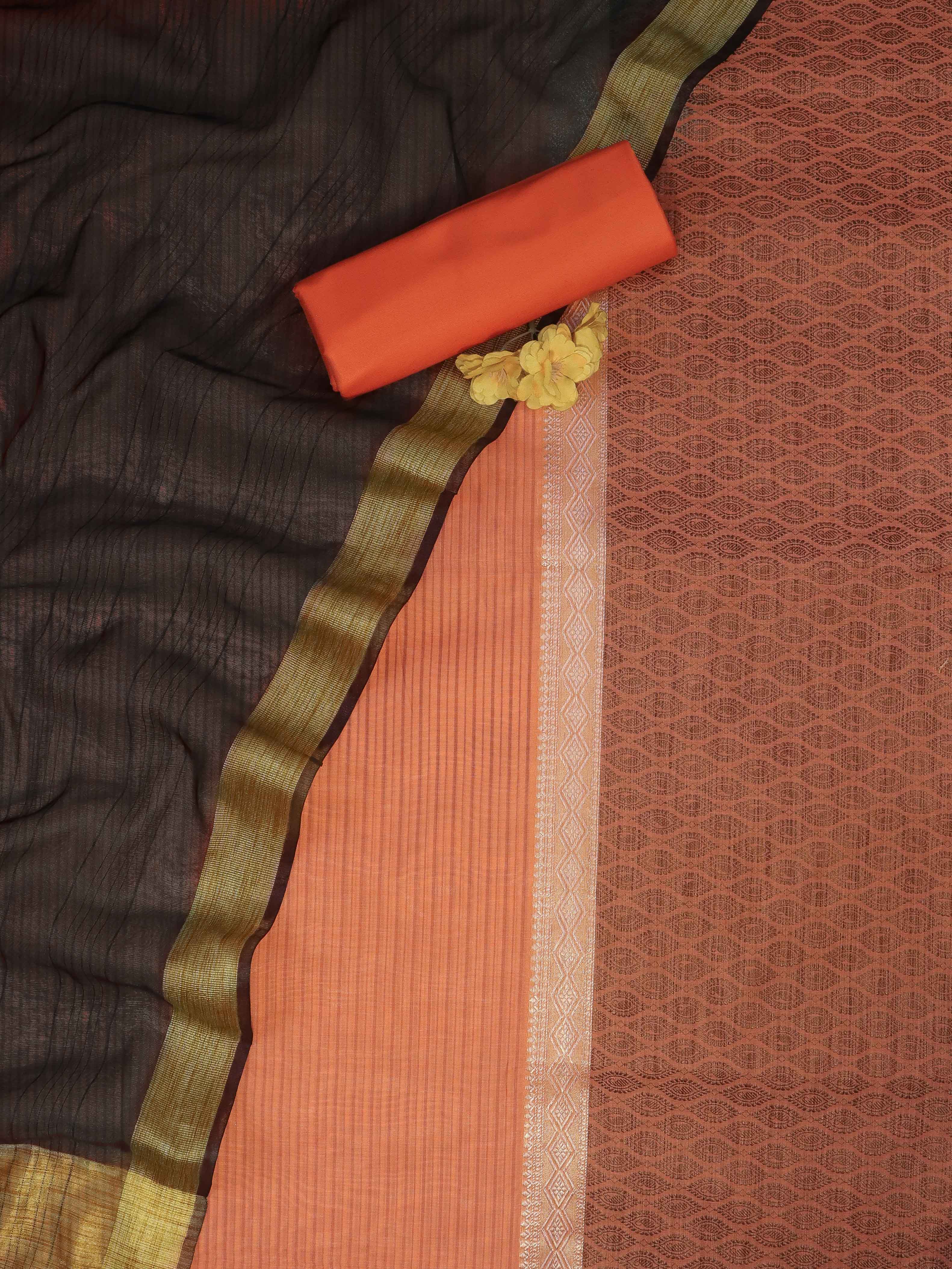 Banarasee Chanderi Cotton Silk Salwar Kameez Fabric With Cotton Silk Dupatta-Coral & Black