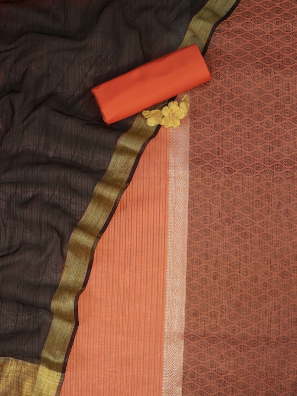 Banarasee Chanderi Cotton Silk Salwar Kameez Fabric With Cotton Silk Dupatta-Coral & Black