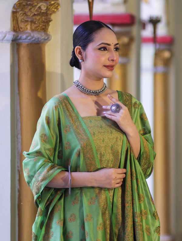 Banarasee Semi Katan Jamewar Weaving Salwar Kameez Fabric With Dupatta Set-Light Green