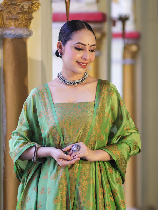 Banarasee Semi Katan Jamewar Weaving Salwar Kameez Fabric With Dupatta Set-Light Green