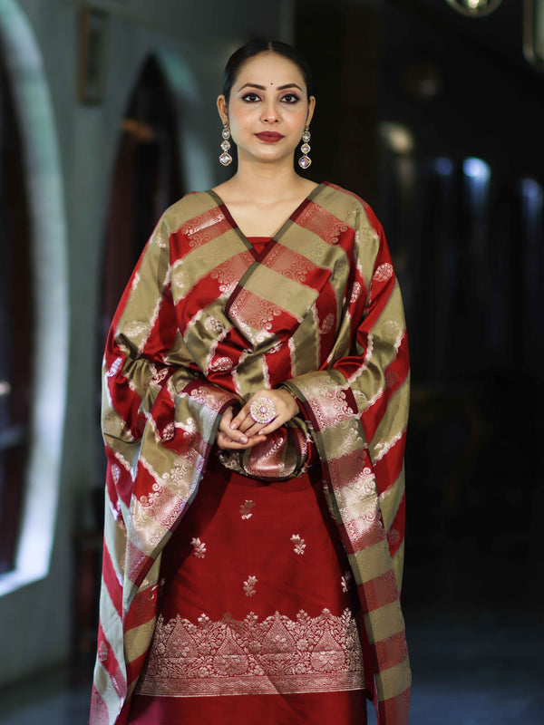 Banarasee Semi Katan Zari Work Salwar Kameez Fabric With Dupatta Set-Maroon