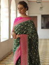 Banarasee Semi-Katan Zari Jaal & Contrast Border Saree-Green & Pink