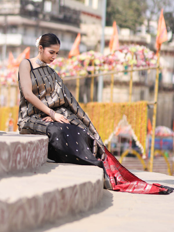 Banarasee Handloom Semi Silk Saree With Zari Stripe Pattern-Black & Maroon