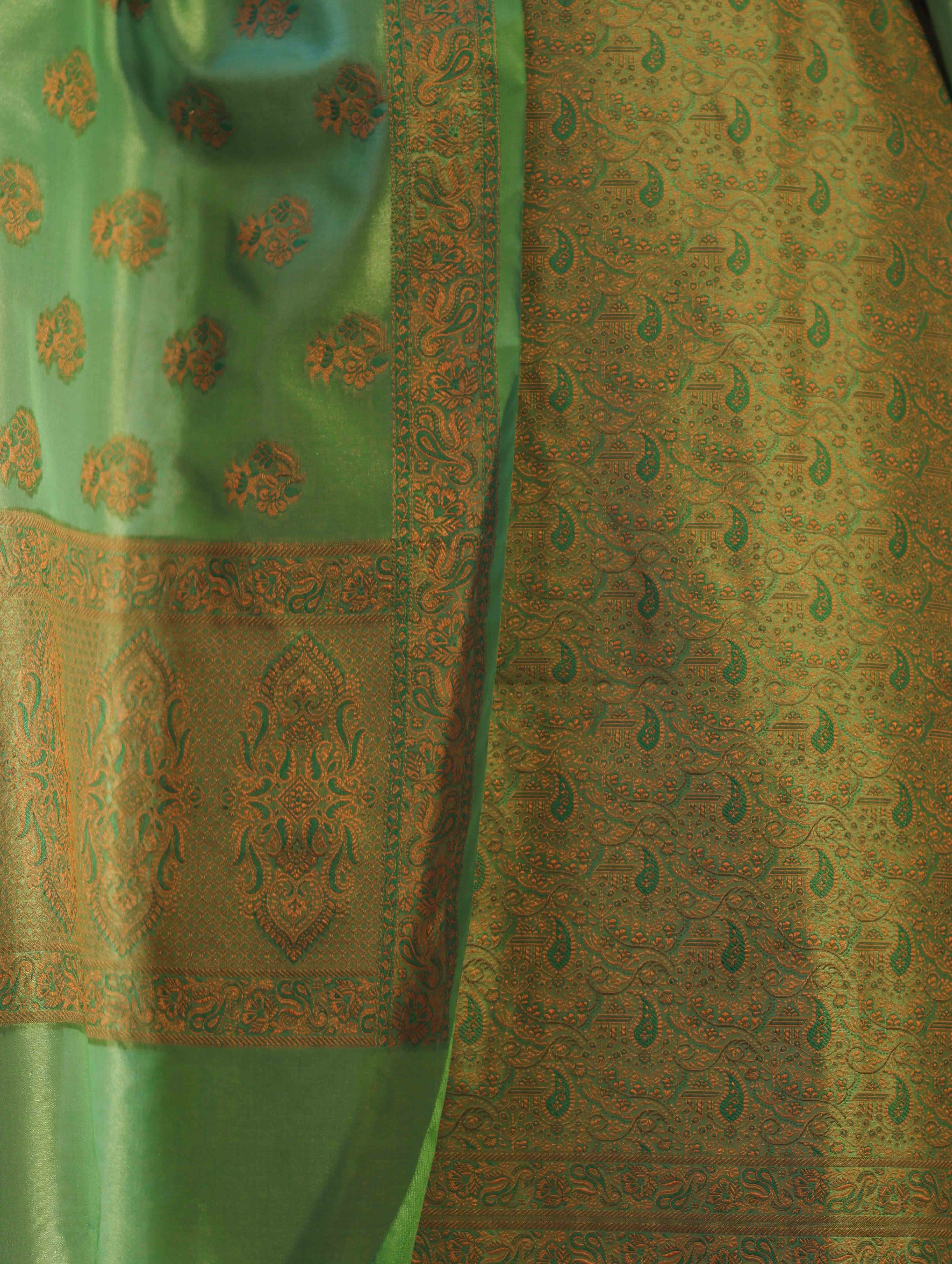 Banarasee Semi Katan Jamewar Weaving Salwar Kameez Fabric With Dupatta Set-Light Green