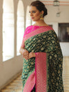 Banarasee Semi-Katan Zari Jaal & Contrast Border Saree-Green & Pink