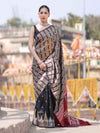 Banarasee Handloom Semi Silk Saree With Zari Stripe Pattern-Black & Maroon