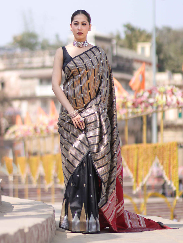 Banarasee Handloom Semi Silk Saree With Zari Stripe Pattern-Black & Maroon