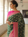 Banarasee Semi-Katan Zari Jaal & Contrast Border Saree-Green & Pink