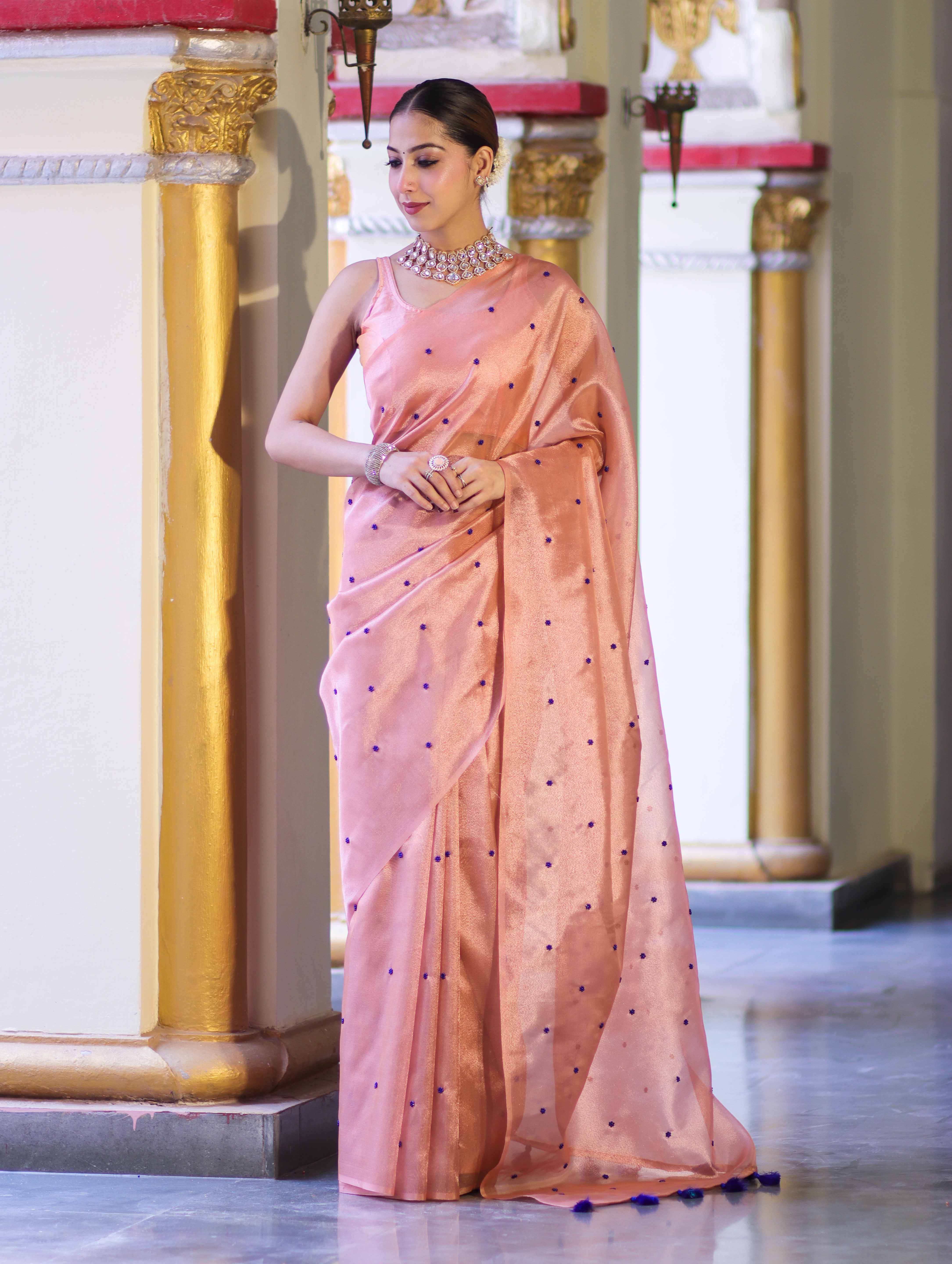 Banarasee Handwoven Tissue Saree With Handwoven Pearl Motifs-Peach