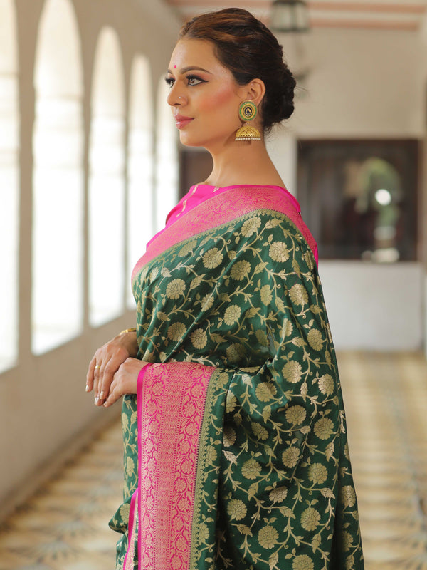 Banarasee Semi-Katan Zari Jaal & Contrast Border Saree-Green & Pink