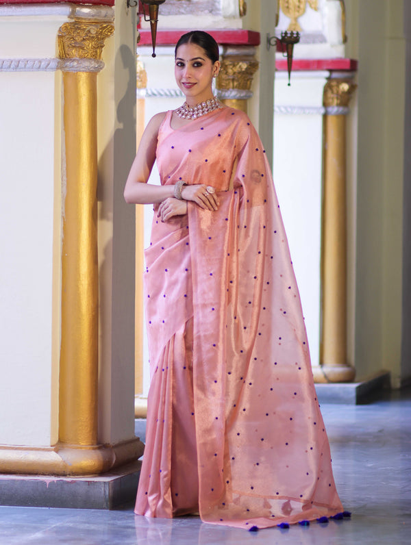Banarasee Handwoven Tissue Saree With Handwoven Pearl Motifs-Peach