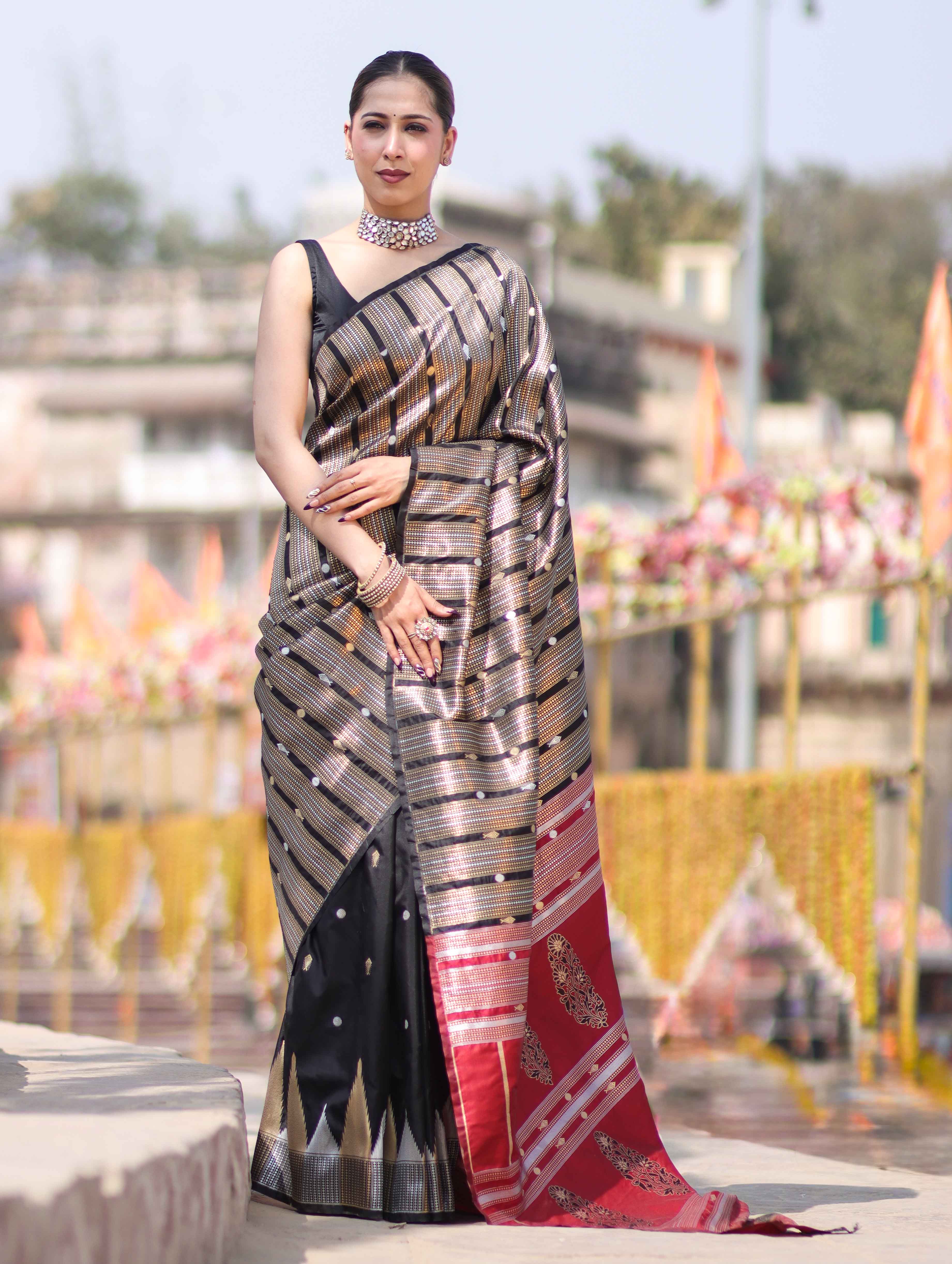 Banarasee Handloom Semi Silk Saree With Zari Stripe Pattern-Black & Maroon