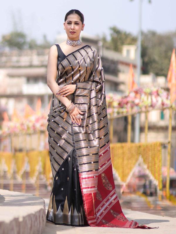 Banarasee Handloom Semi Silk Saree With Zari Stripe Pattern-Black & Maroon