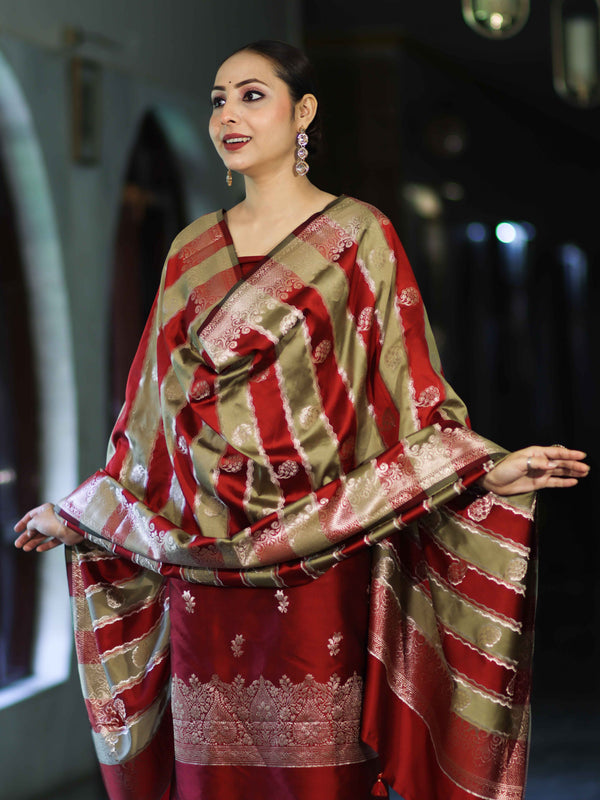 Banarasee Semi Katan Zari Work Salwar Kameez Fabric With Dupatta Set-Maroon