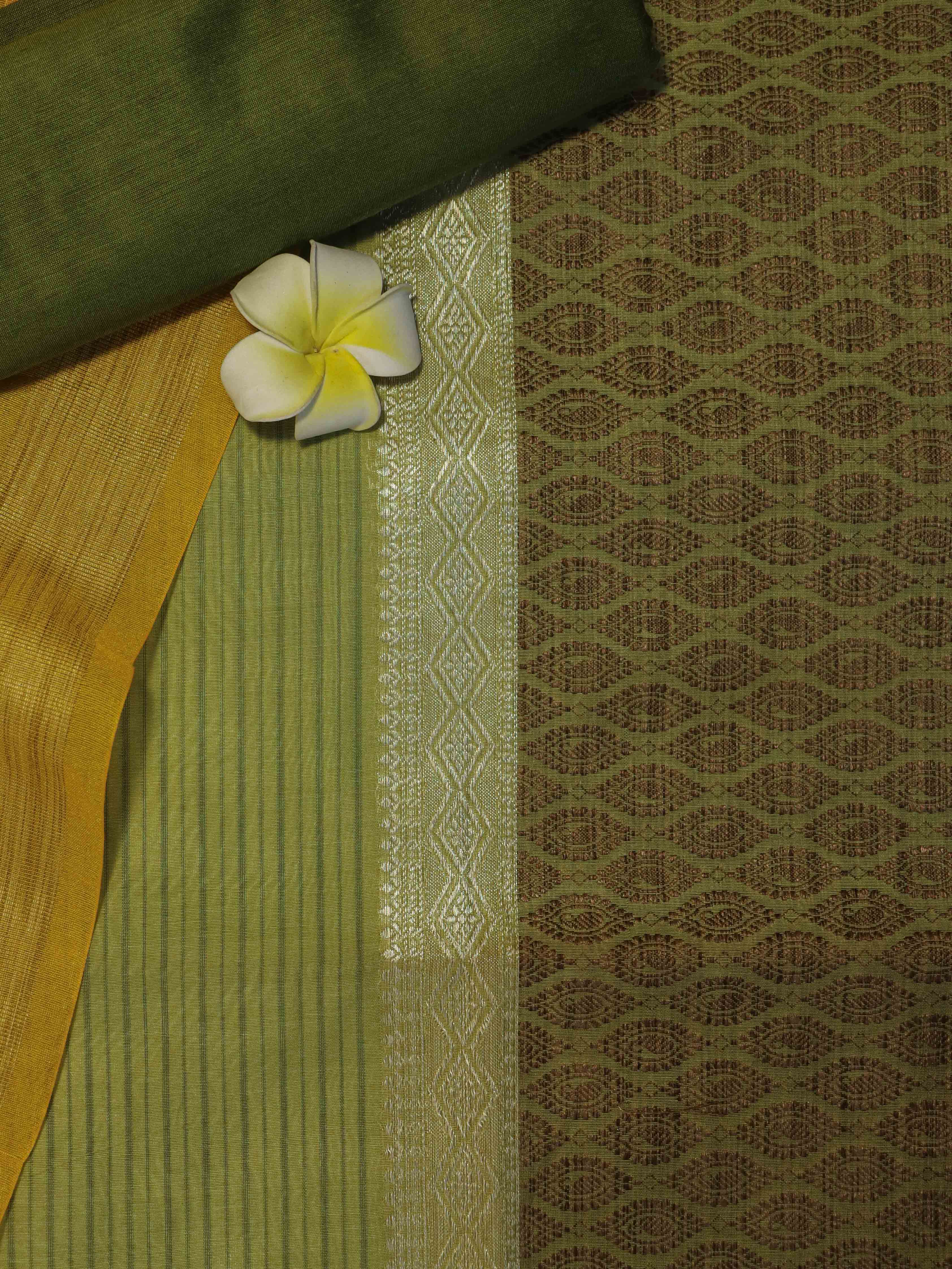 Banarasee Chanderi Cotton Silk Salwar Kameez Fabric With Cotton Silk Dupatta-Olive Green & Yellow