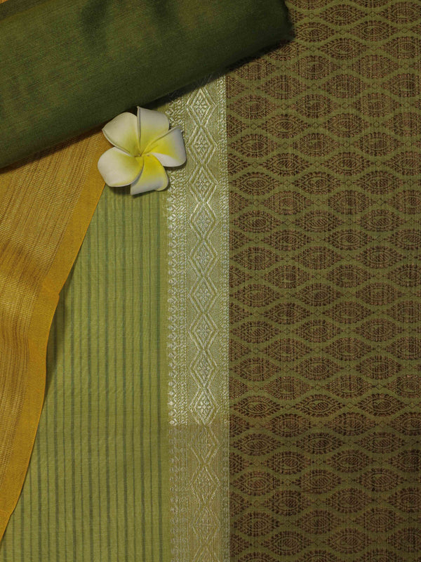 Banarasee Chanderi Cotton Silk Salwar Kameez Fabric With Cotton Silk Dupatta-Olive Green & Yellow