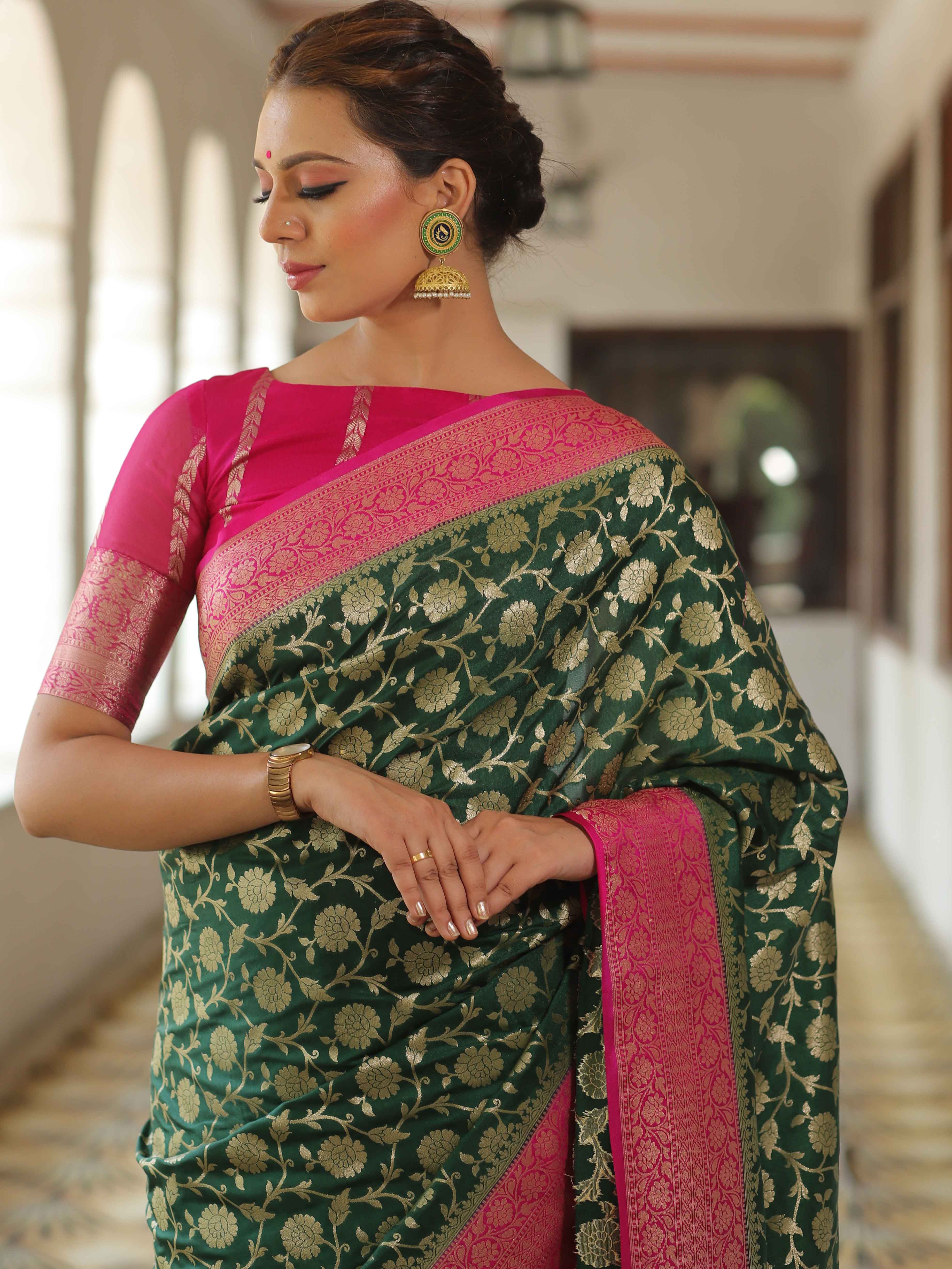 Banarasee Semi-Katan Zari Jaal & Contrast Border Saree-Green & Pink