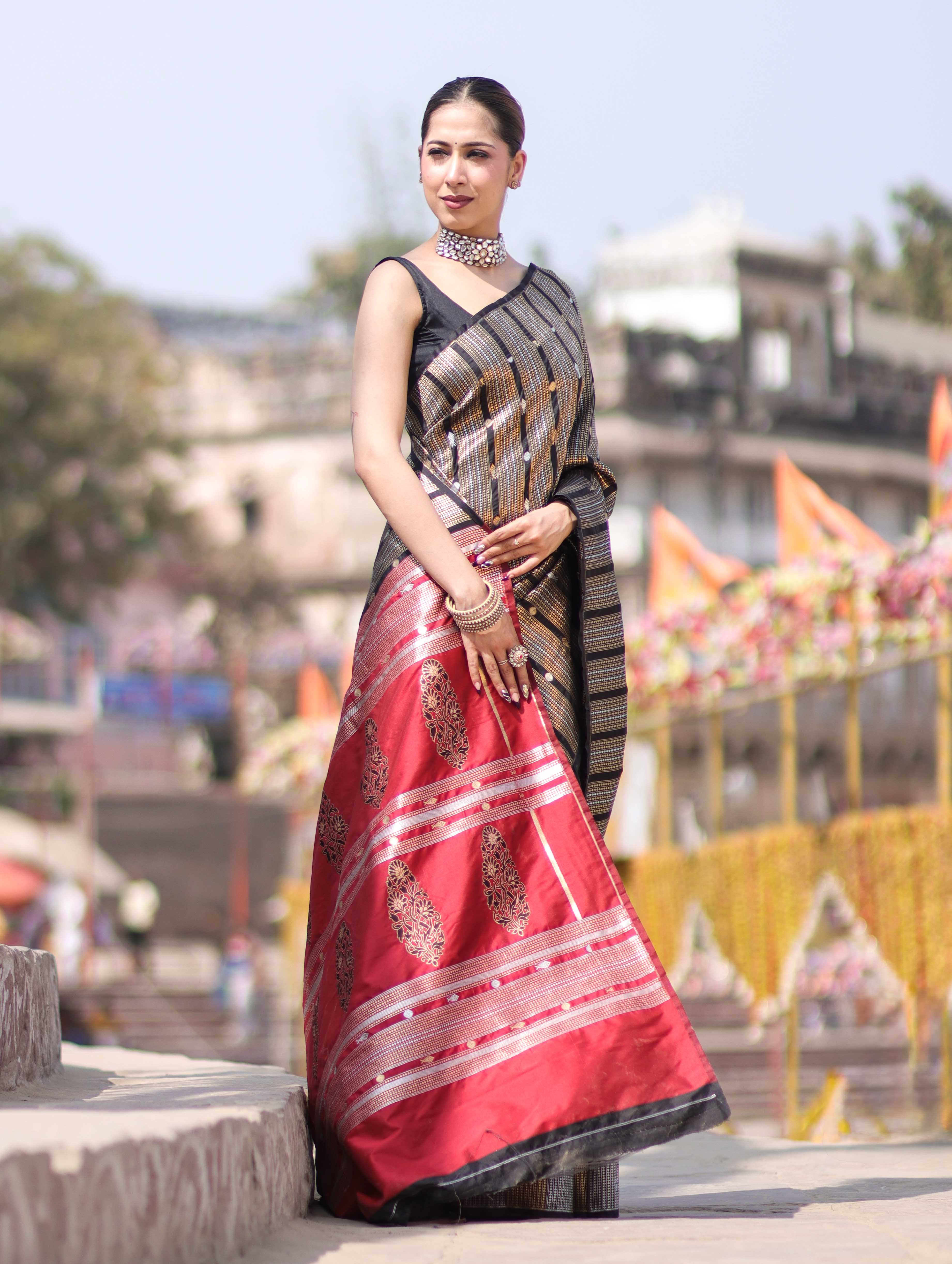Banarasee Handloom Semi Silk Saree With Zari Stripe Pattern-Black & Maroon