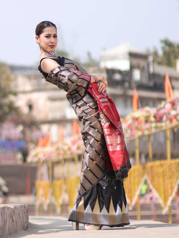 Banarasee Handloom Semi Silk Saree With Zari Stripe Pattern-Black & Maroon