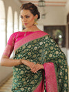 Banarasee Semi-Katan Zari Jaal & Contrast Border Saree-Green & Pink