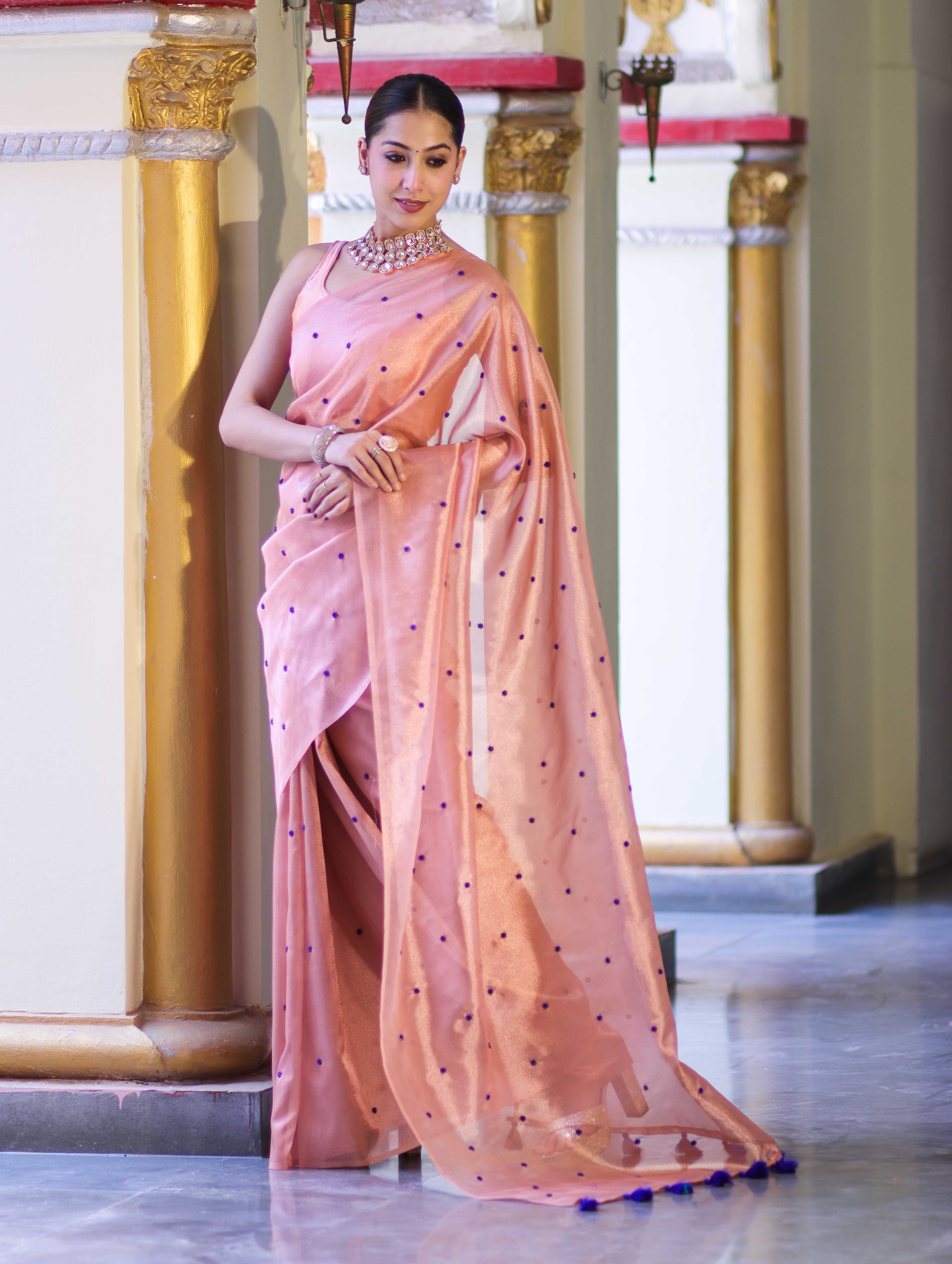Banarasee Handwoven Tissue Saree With Handwoven Pearl Motifs-Peach