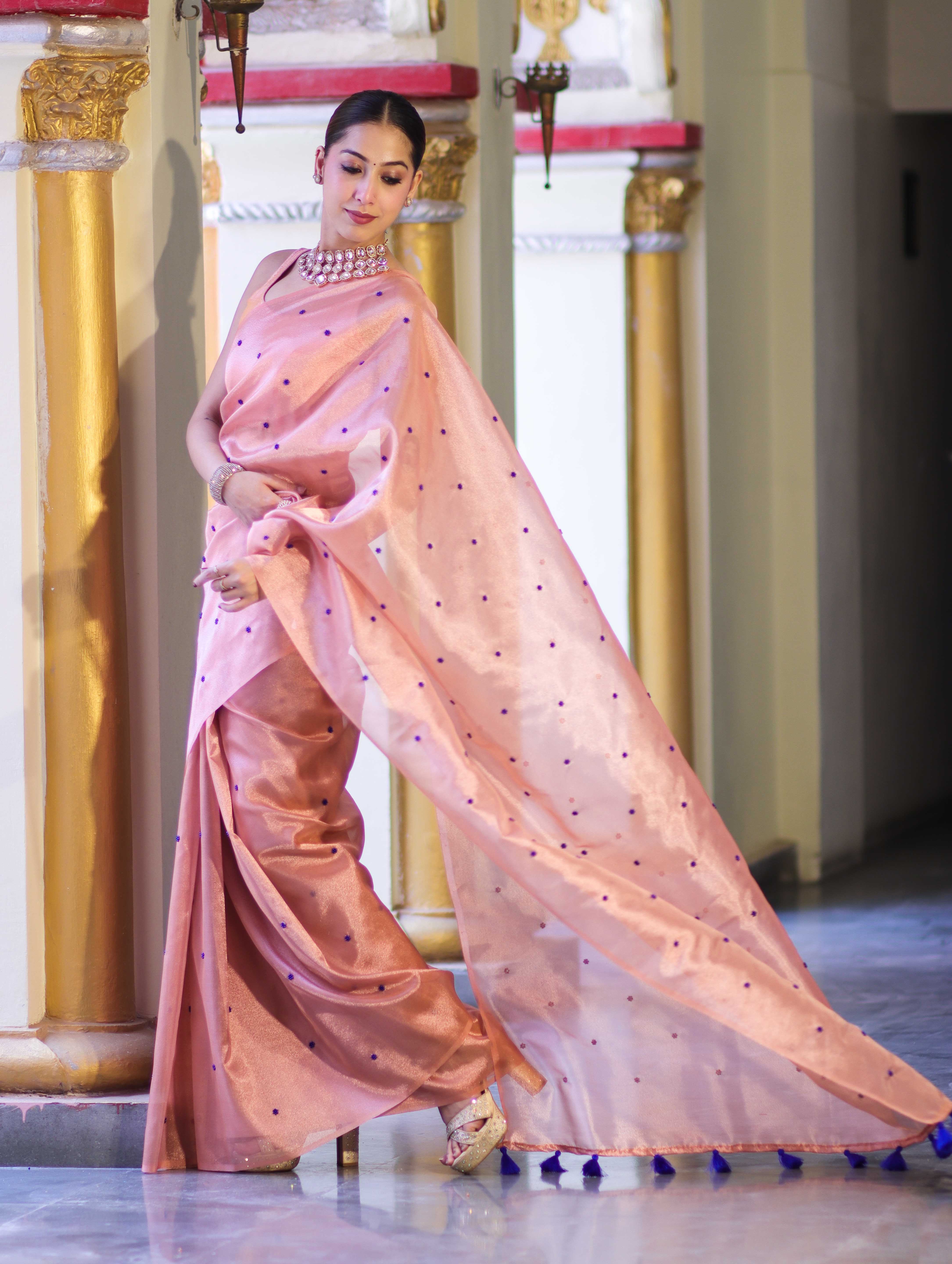 Banarasee Handwoven Tissue Saree With Handwoven Pearl Motifs-Peach