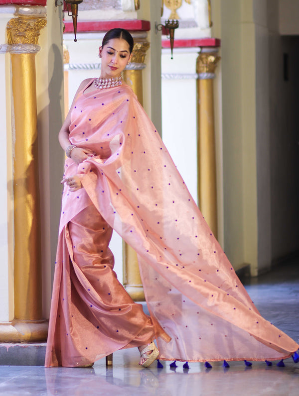 Banarasee Handwoven Tissue Saree With Handwoven Pearl Motifs-Peach