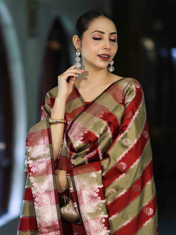 Banarasee Semi Katan Zari Work Salwar Kameez Fabric With Dupatta Set-Maroon