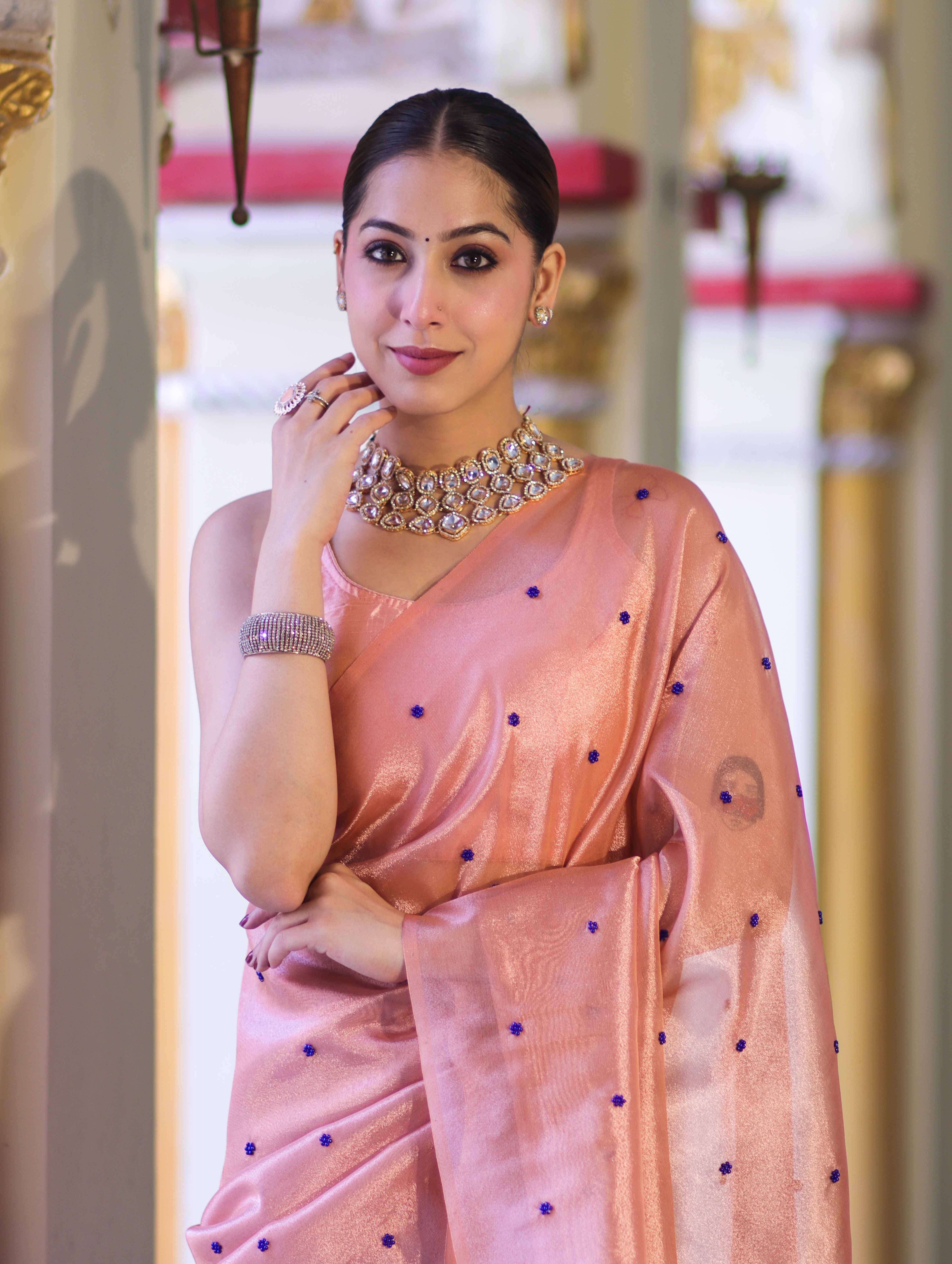 Banarasee Handwoven Tissue Saree With Handwoven Pearl Motifs-Peach