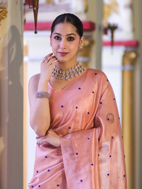 Banarasee Handwoven Tissue Saree With Handwoven Pearl Motifs-Peach