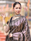 Banarasee Handloom Semi Silk Saree With Zari Stripe Pattern-Black & Maroon