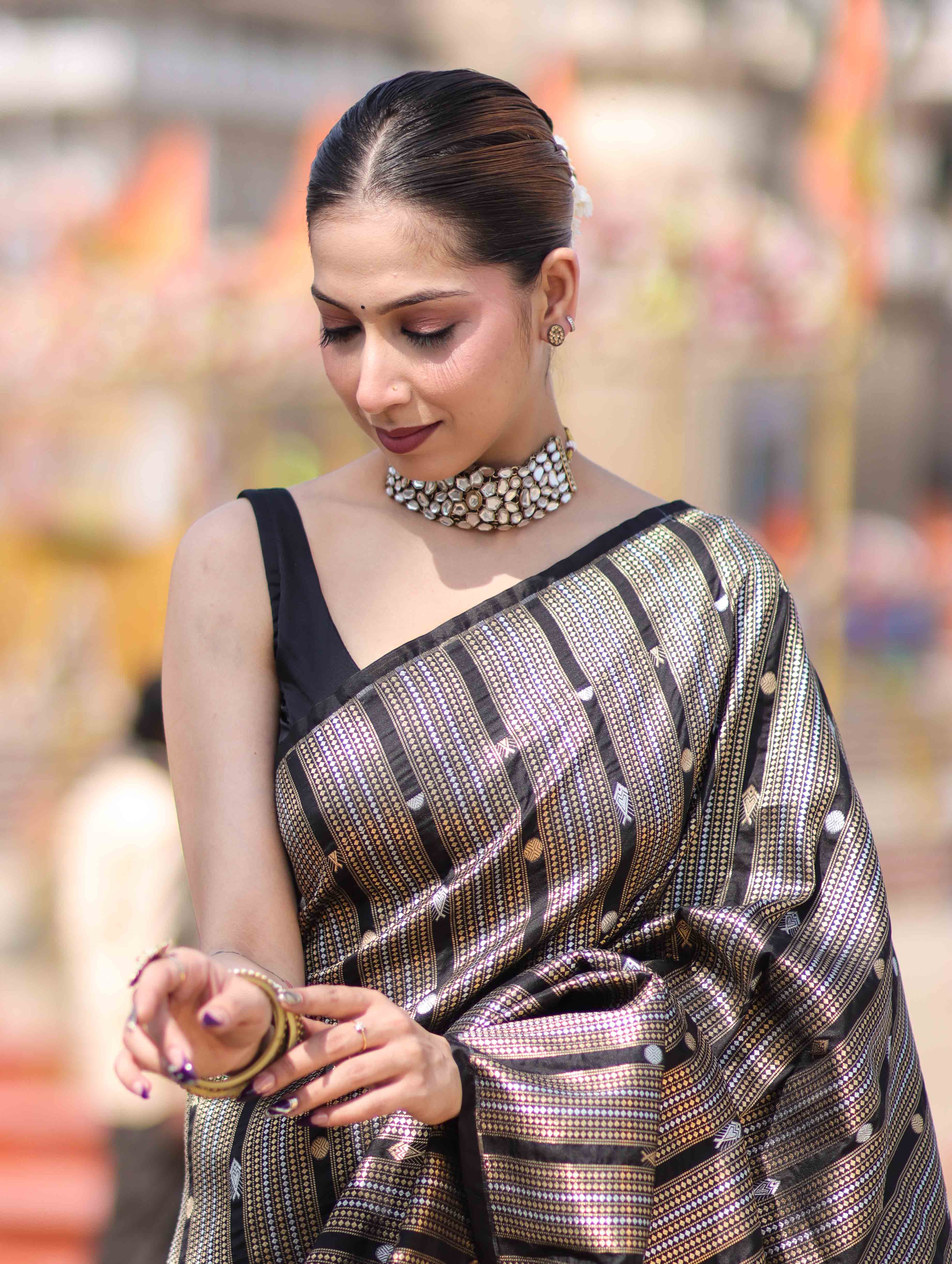 Banarasee Handloom Semi Silk Saree With Zari Stripe Pattern-Black & Maroon