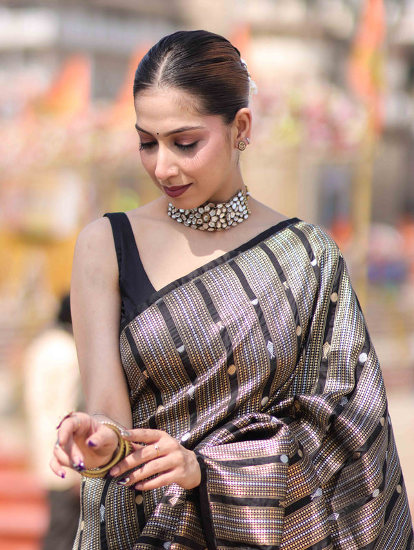 Banarasee Handloom Semi Silk Saree With Zari Stripe Pattern-Black & Maroon