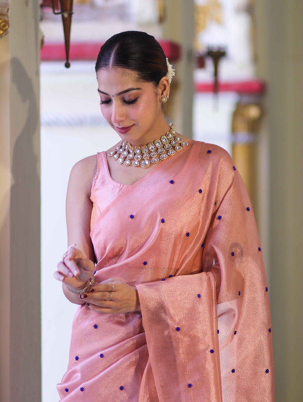 Banarasee Handwoven Tissue Saree With Handwoven Pearl Motifs-Peach