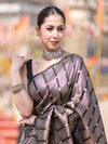 Banarasee Handloom Semi Silk Saree With Zari Stripe Pattern-Black & Maroon