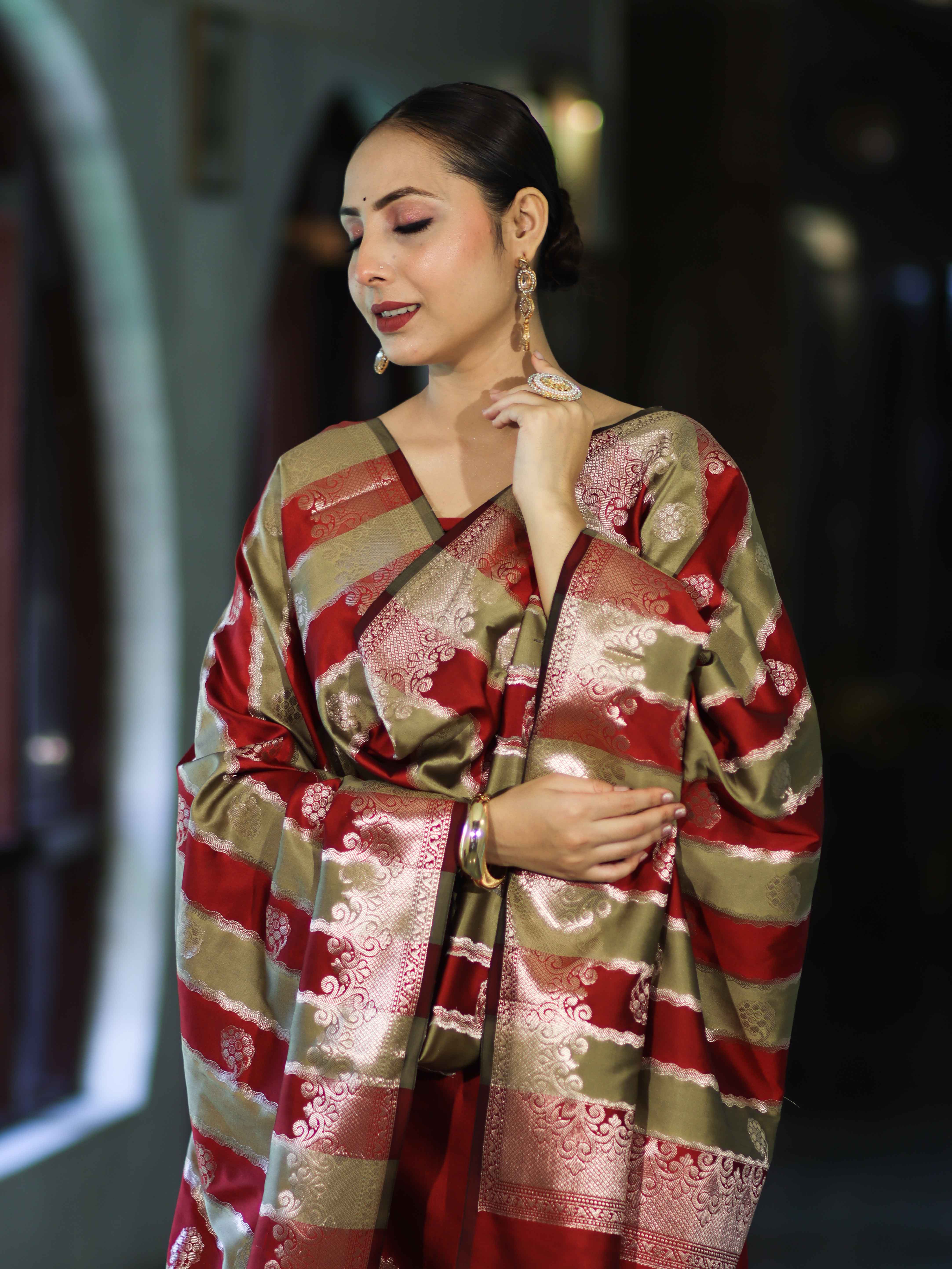 Banarasee Semi Katan Zari Work Salwar Kameez Fabric With Dupatta Set-Maroon