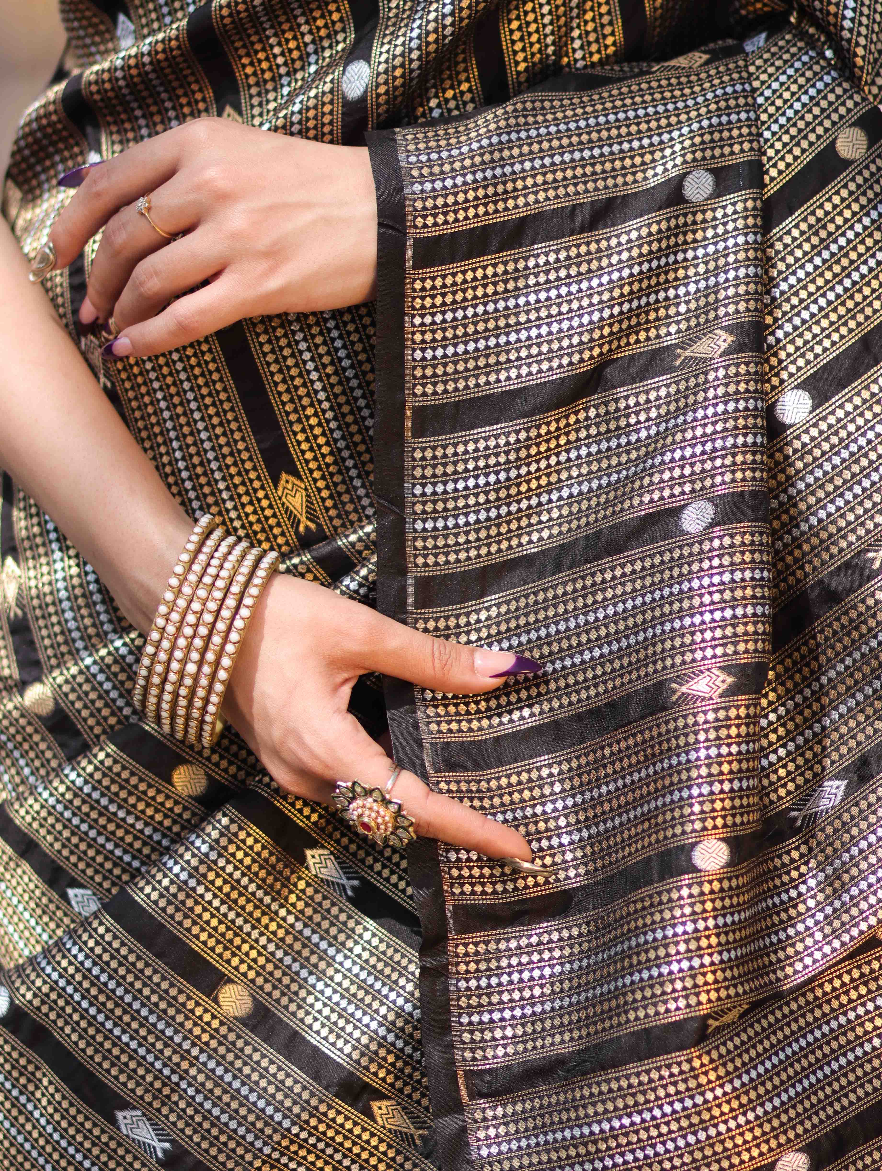 Banarasee Handloom Semi Silk Saree With Zari Stripe Pattern-Black & Maroon