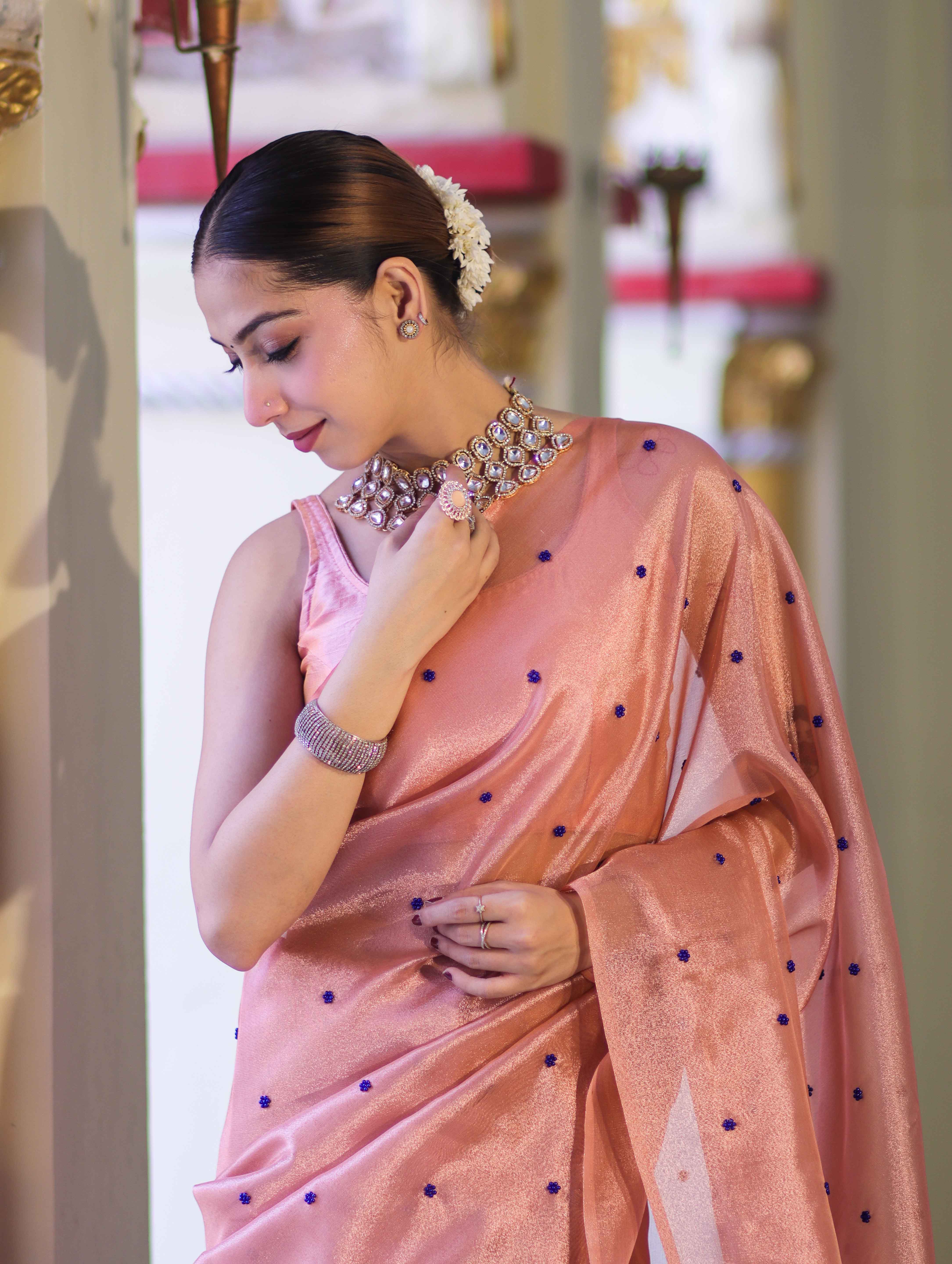 Banarasee Handwoven Tissue Saree With Handwoven Pearl Motifs-Peach