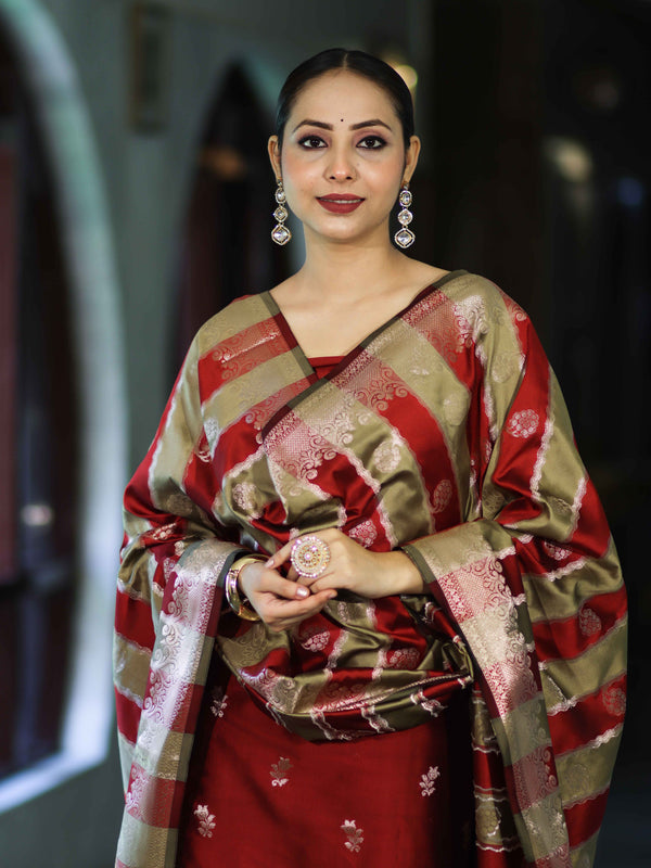 Banarasee Semi Katan Zari Work Salwar Kameez Fabric With Dupatta Set-Maroon