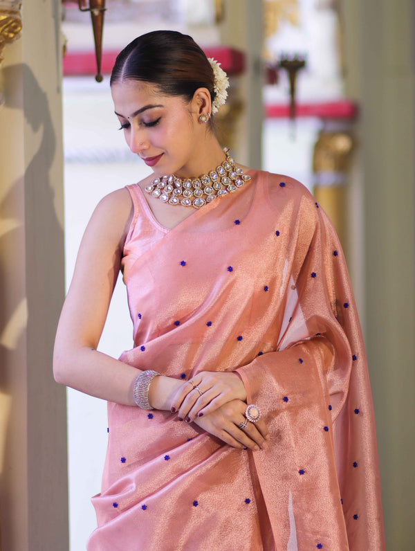 Banarasee Handwoven Tissue Saree With Handwoven Pearl Motifs-Peach