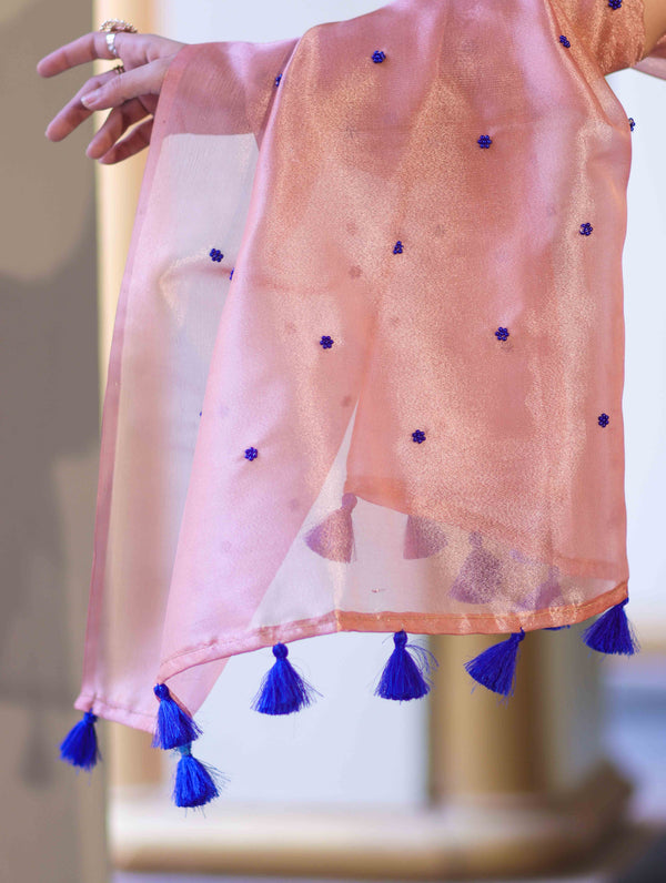 Banarasee Handwoven Tissue Saree With Handwoven Pearl Motifs-Peach